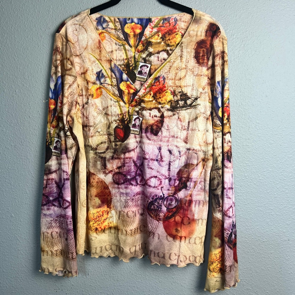 Oneworld Large Boho Festival Abstract Art Print Top Long SL V-Neck Burnout Hem